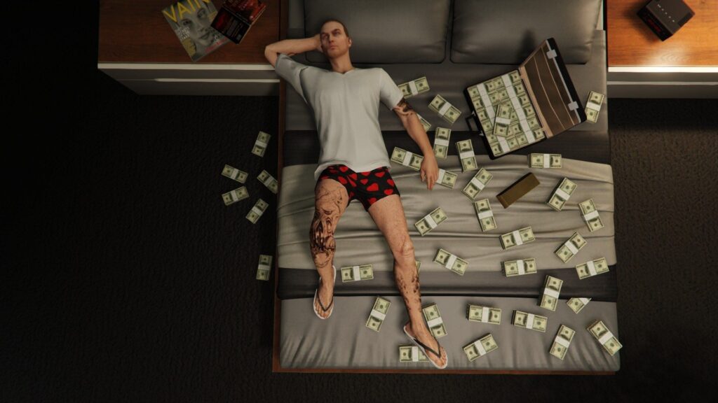 postać gta online leżąca na łóżku z pieniędzmi