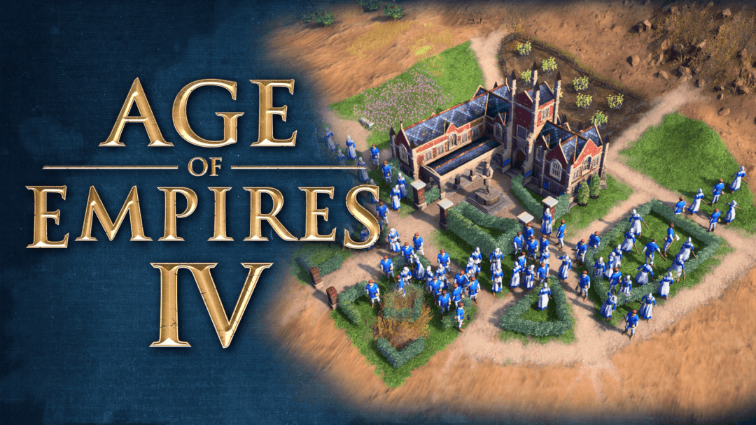 Ogłoszenie transparentu Age of Empires IV z mieszkańcami wioski zgromadzonymi wokół uniwersytetu