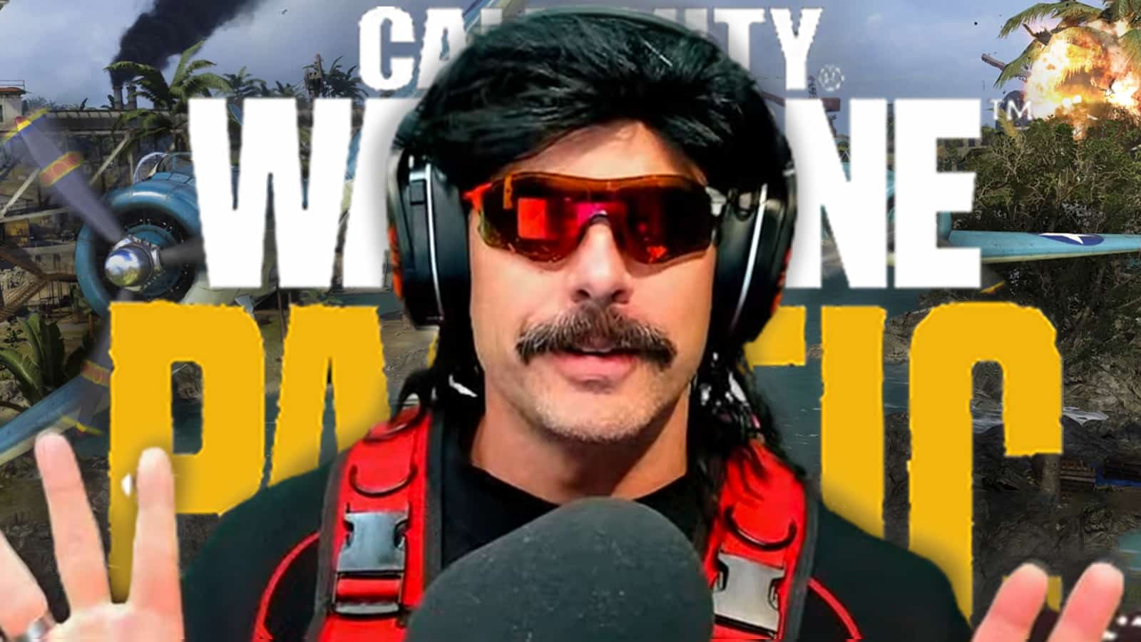 Dr Disrespect over the Call of Duty Warzone Pacific logo.