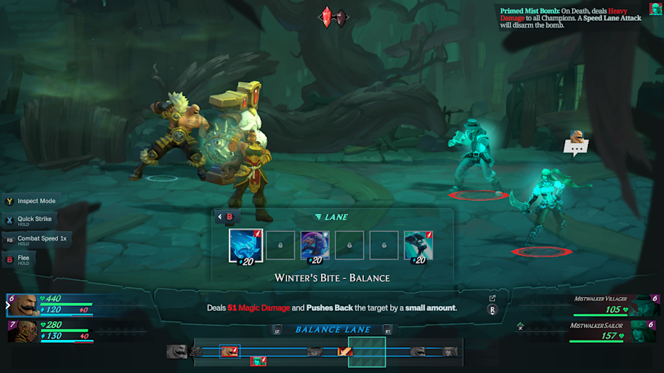 Walka w Ruined King: A League of Legends Story odbędzie się na trzech torach, podobnie jak w League of Legends MOBA. (Zrzut ekranu dzięki uprzejmości Airship Syndicate/Riot Forge)