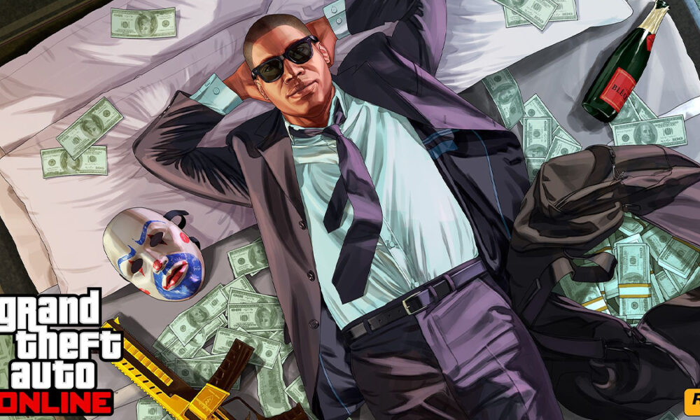 GTA online character lying on top of money