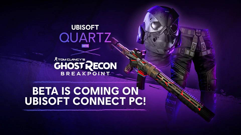 Baner Ubisoft Quartz przedstawiający maskę NFT, spodnie i skórki na broń, które gracze mogą kupić lub zarobić