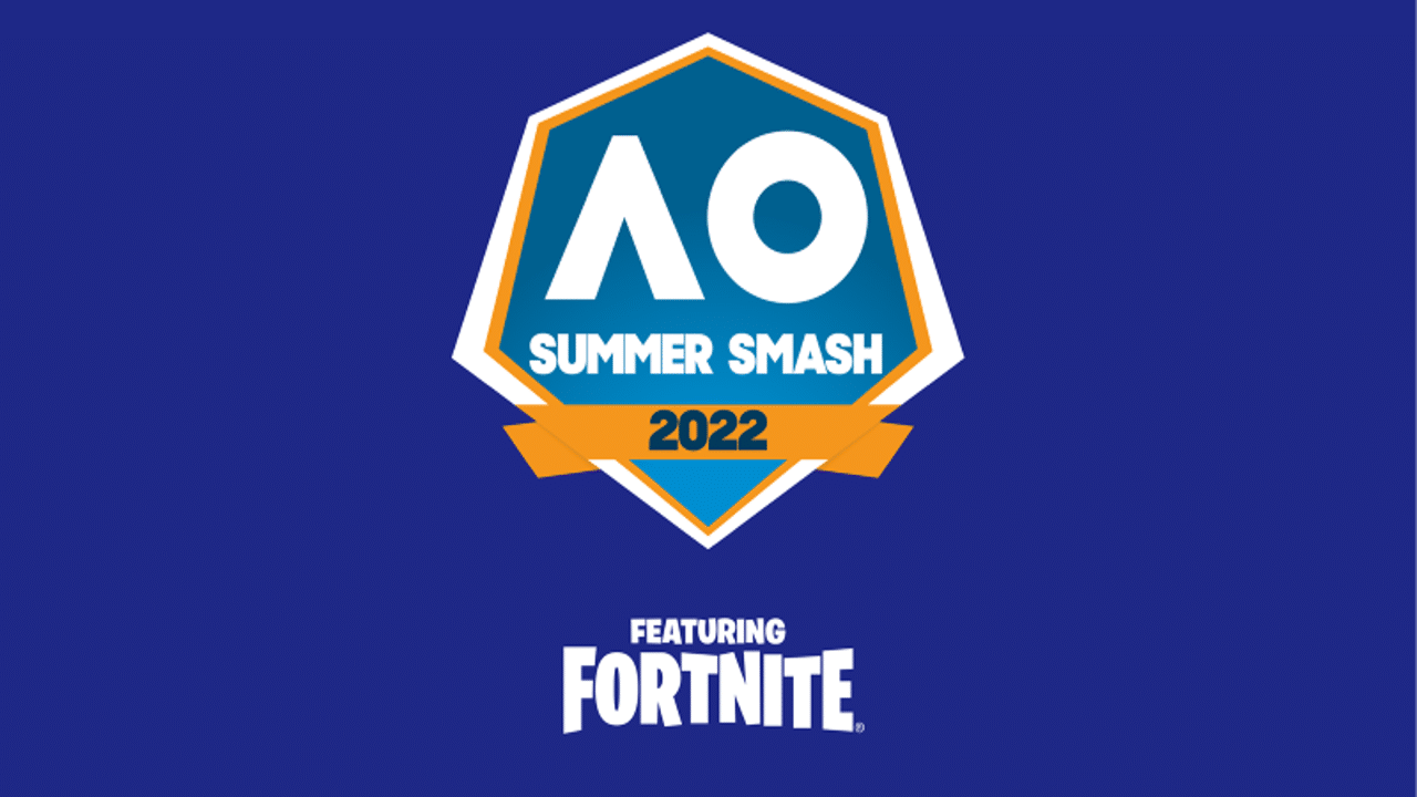 Fortnite Australian Open Summer Smash logotipoa, "A" eta "O" zuri lodi bat hexagonoko ezkutu baten barruan agertzen da hondo urdin baten gainean