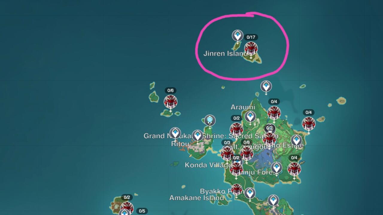 Ochraniacze zalecali lokalizację hodowli - Jinren Island. Zdjęcie: Interaktywna mapa Teyvat