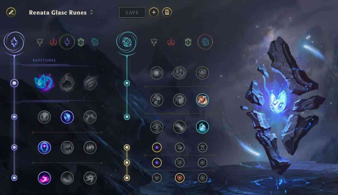 Przykładowa strona z runami Renaty Glasc w 12. sezonie League of Legends z Summon Aery