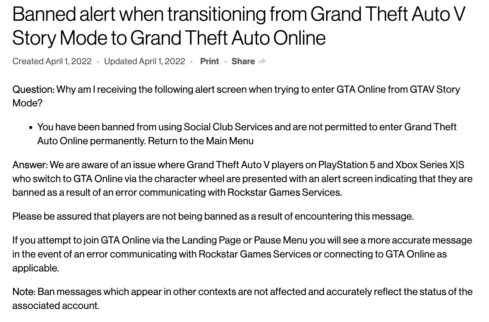 Zrzut ekranu strony FAQ Rockstar Games na temat banów w GTA Online