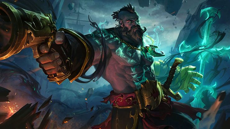 Gangplank-zdrajca-spash-art Grafika powitalna Gangplanka zdrajcy: bohater LoL-a celuje pistoletem w ekran, gdy fale przetaczają się przez ekran