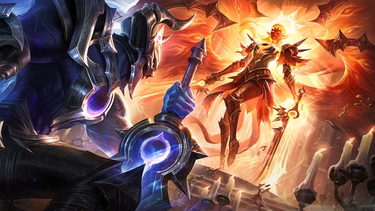 lol-zaćmienie-słoneczne-kayle-splash-art Zaćmienie Słońca Kayle unosi się po niebie, gdy ziemia pod nim ustępuje