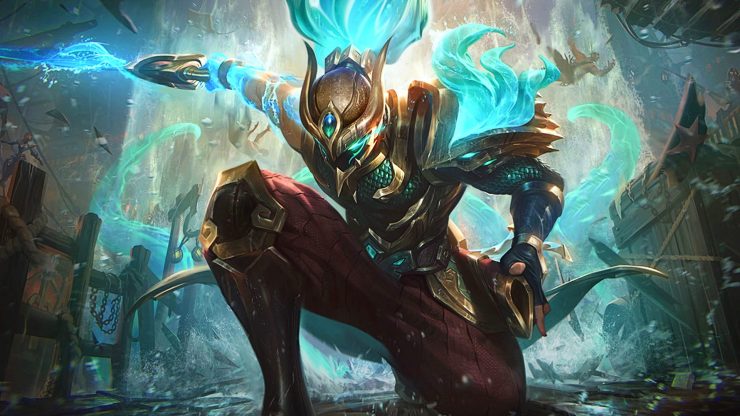lol-sea-dog-yuso-splash-art Yuso z League of Legends przecina wodę, mając na sobie skórkę Sea Dog