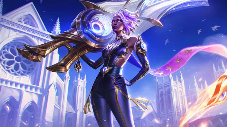 lol-lunar-eclipse-senna-prestige-edition League of Legends Eclipse Senna stoi ze swoim ostrzem w białym mieście, mając na sobie prestiżową skórkę