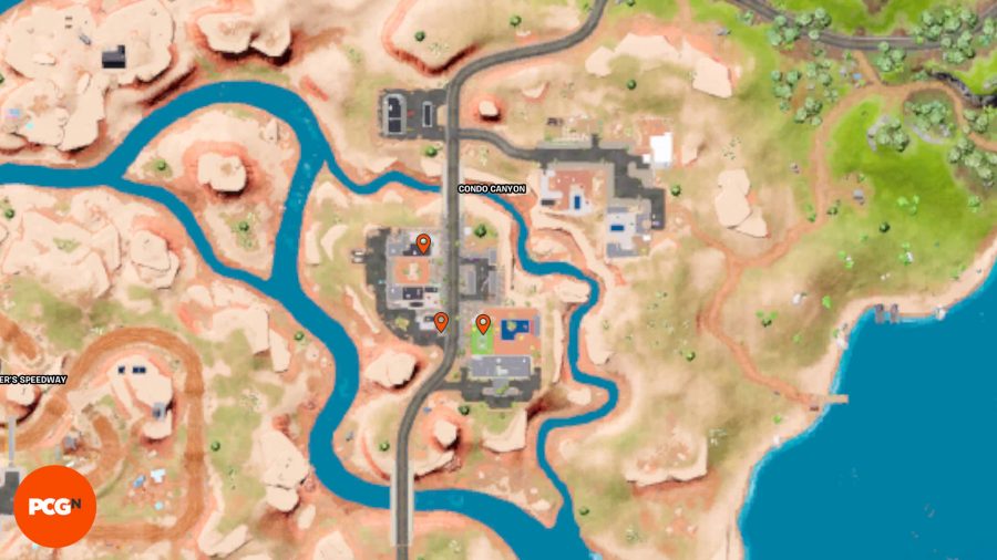 Lokalizacje żetonów Fortnite Tover: trzy pomarańczowe pinezki pokazujące lokalizacje żetonów Tover w Condo Canyon.
