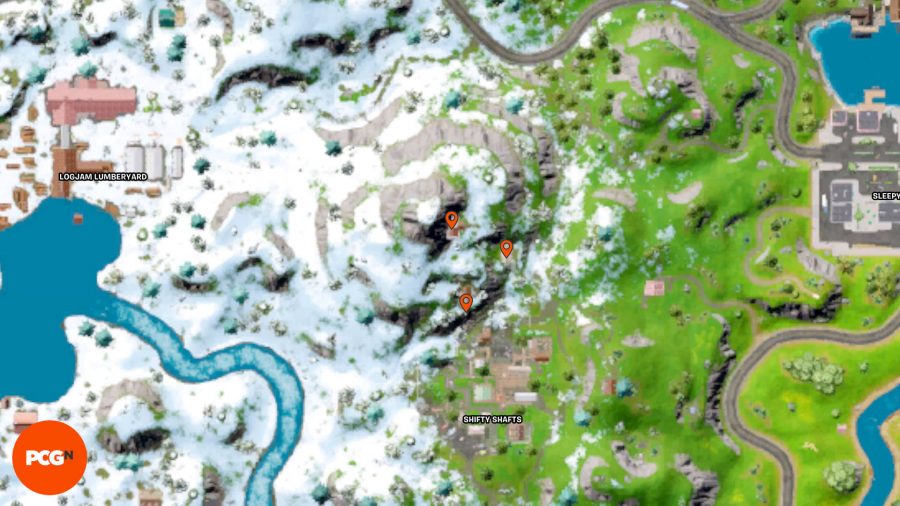 Lokalizacje żetonów Fortnite Tover: trzy pomarańczowe pinezki pokazujące lokalizacje żetonów Tover w górach na północ od Shifty Shafts.