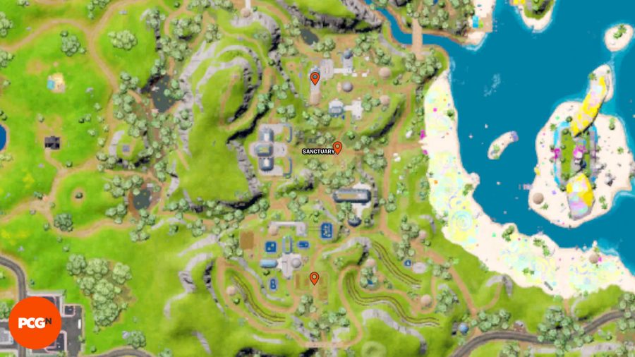 Lokalizacje żetonów Fortnite Tover: trzy pomarańczowe pinezki pokazujące lokalizacje żetonów Tover w Sanktuarium.