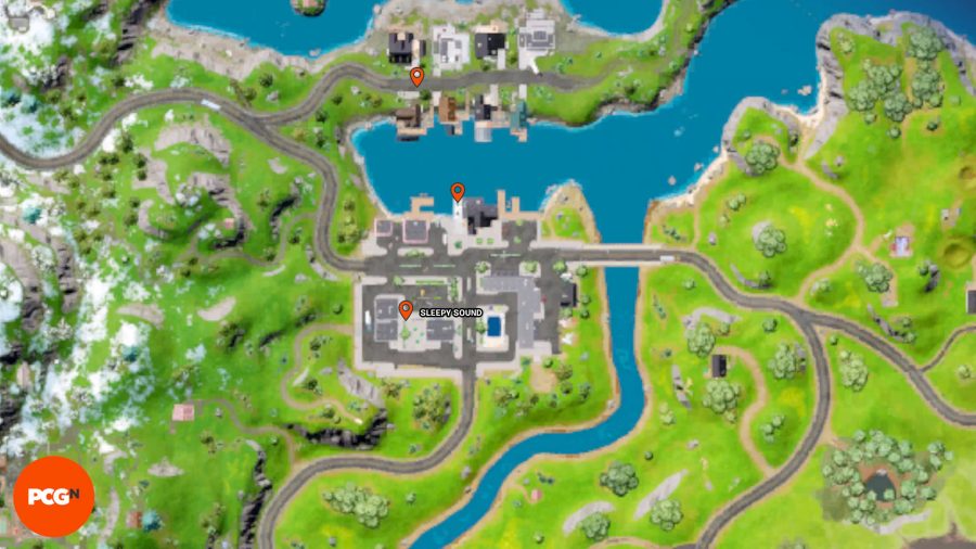 Lokalizacje żetonów Fortnite Tover: trzy pomarańczowe pinezki pokazujące lokalizacje żetonów Tover w Sleepy Sound.