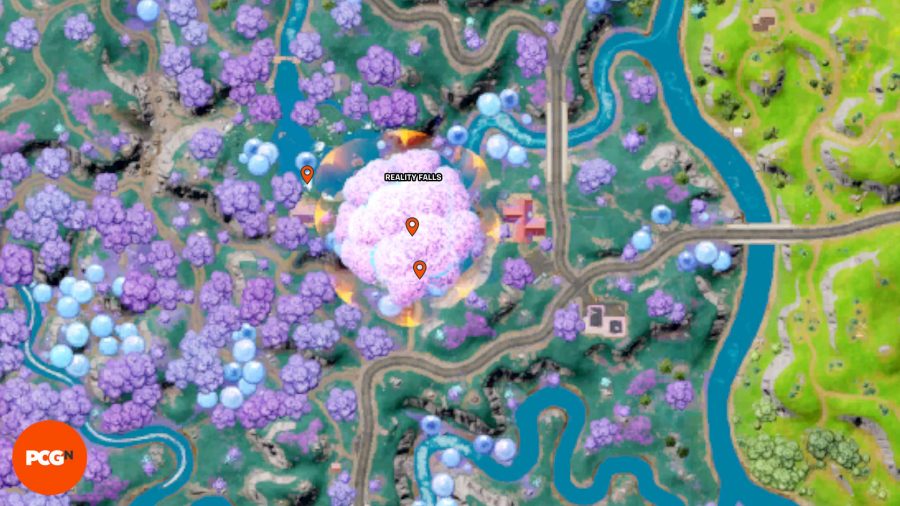 Lokalizacje żetonów Fortnite Tover: trzy pomarańczowe pinezki pokazujące lokalizacje żetonów Tover w Reality Falls.