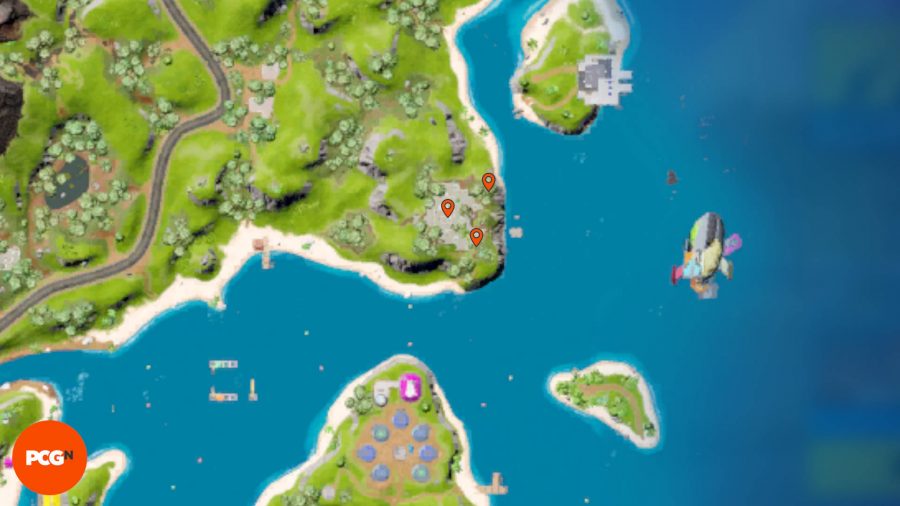 Lokalizacje żetonów Fortnite Tover: trzy pomarańczowe pinezki pokazujące lokalizacje żetonów Tover w ruinach na wschód od The Daily Bugle.