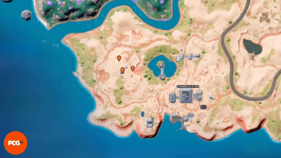 Lokalizacje żetonów Fortnite Tover: trzy pomarańczowe pinezki pokazujące lokalizacje żetonów Tover w pobliżu stacji Synapse.