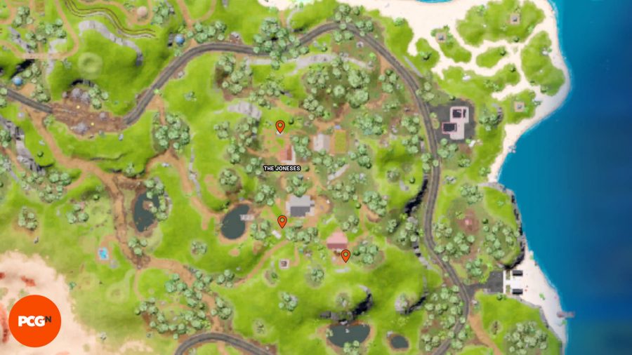 Lokalizacje żetonów Fortnite Tover: trzy pomarańczowe pinezki pokazujące lokalizacje żetonów Tover w The Joneses.
