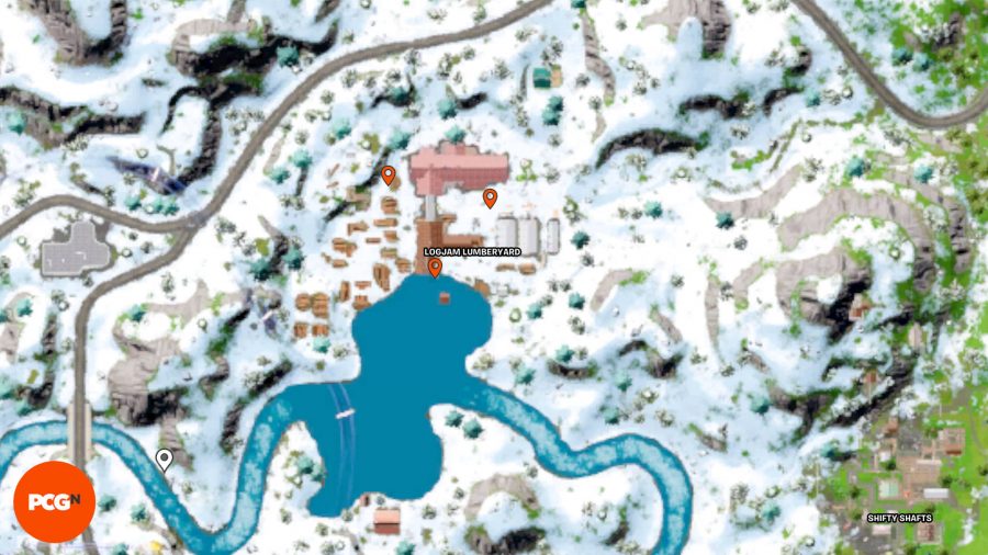 Lokalizacje tokenów Fortnite Tover: trzy pomarańczowe pinezki pokazujące lokalizacje tokenów Tover w LogJam Lumberyard
