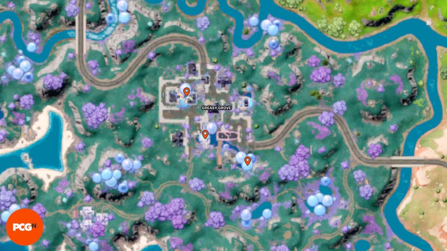 Lokalizacje żetonów Fortnite Tover: trzy pomarańczowe pinezki pokazujące lokalizacje żetonów Tover w Greasy Grove.