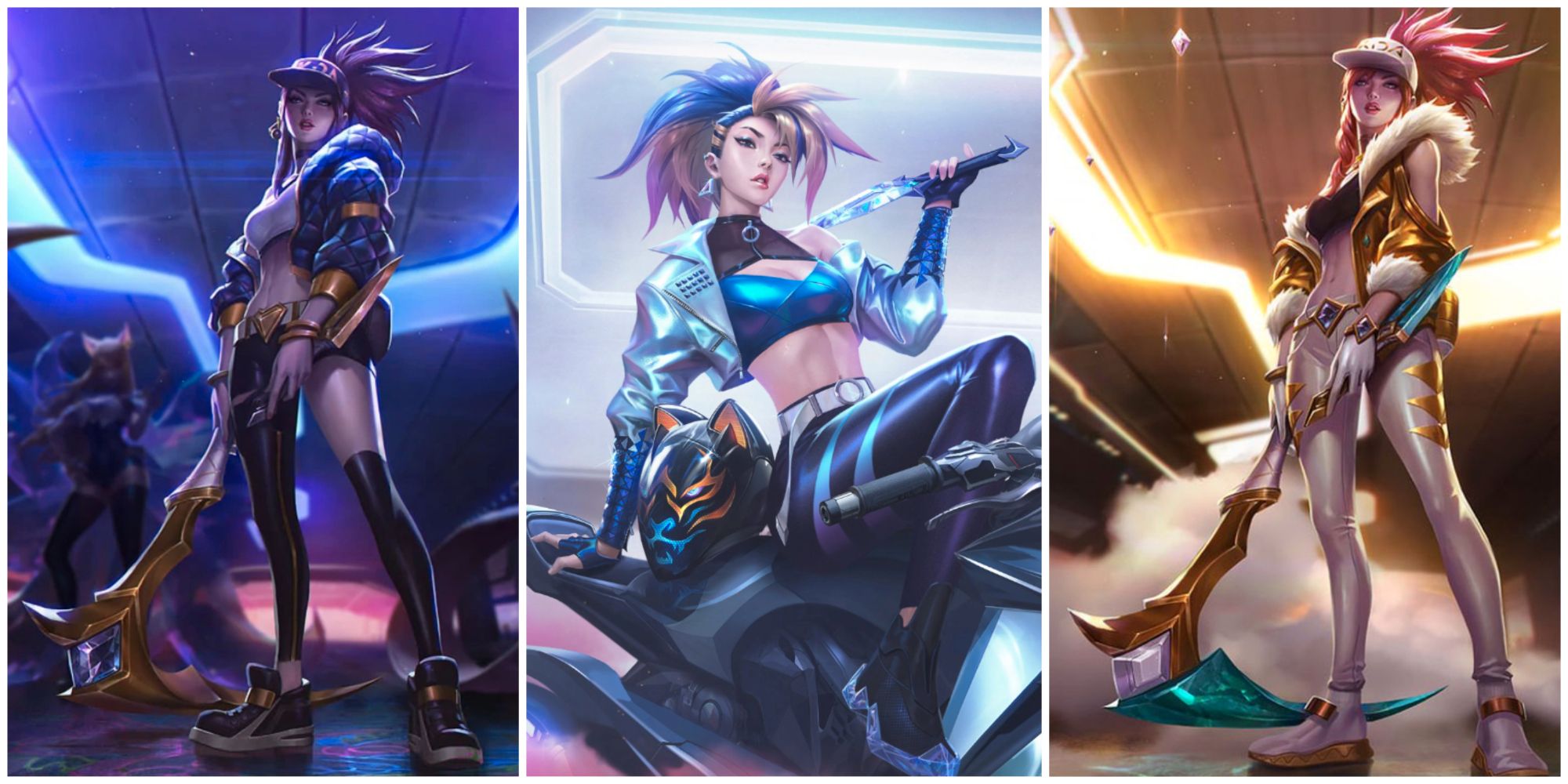 K/DA Akali pozuje ze swoją kamą w skórkach POP/STARS, zarówno podstawowych, jak i prestiżowych, i siedzi na swoim motocyklu w swoim stroju CAŁKOWICIE