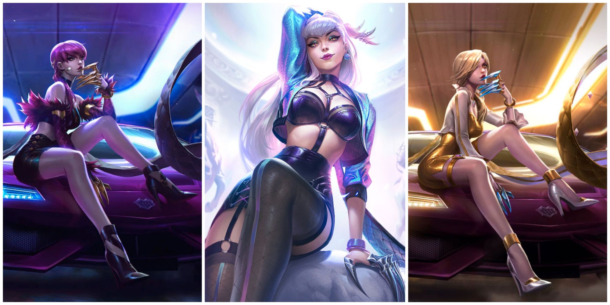 KDA Evelynn pozuje na masce jednego ze swoich egzotycznych samochodów w swoich podstawowych i prestiżowych skórkach POP/STARS, a także w skórce CAŁKOWICIE