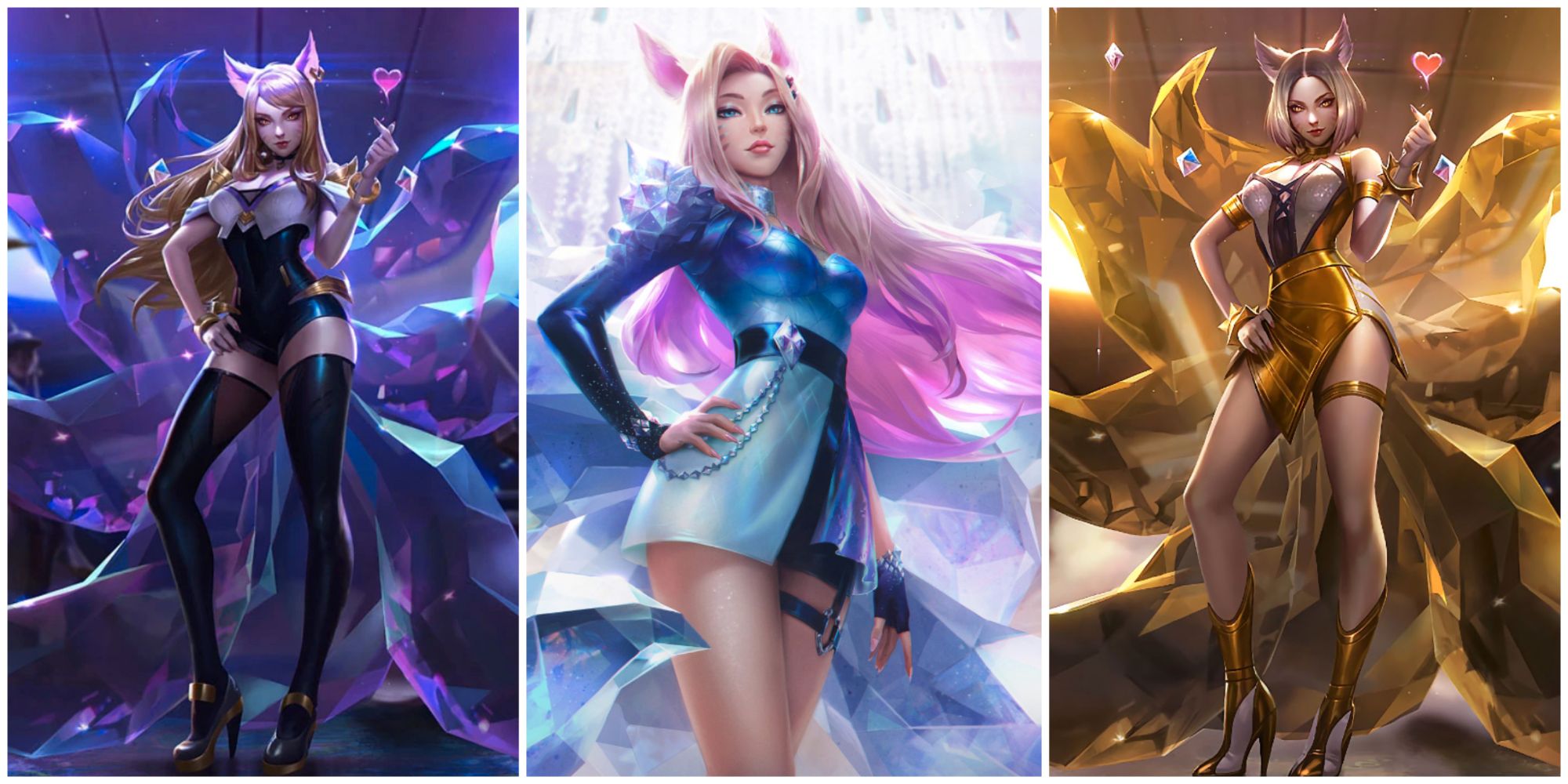 KDA Ahri pozuje w swoich skórkach POP/STARS i ALL OUT, zarówno podstawowych, jak i prestiżowych, bardzo błyszczących i błyszczących, gdy robi serce