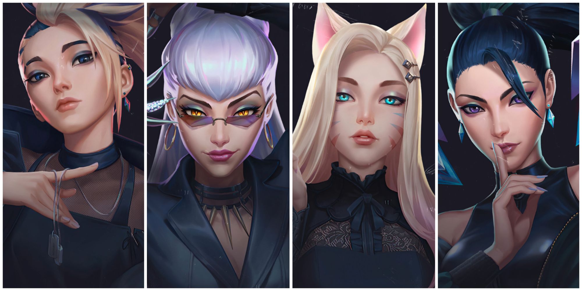 KDA THE BADDEST showing Akali, Ahri, Evelynn, and Kai'Sa in their BADDEST chroma skins along with their signatures