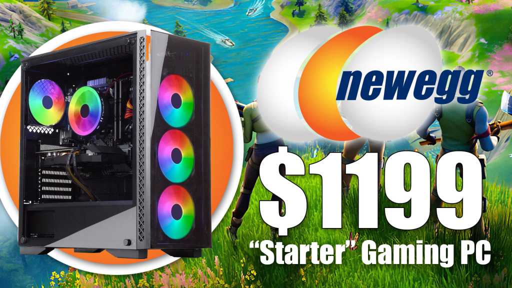 Gaming desktop on game background with Newegg logo and "$1199 starter gaming pc" text