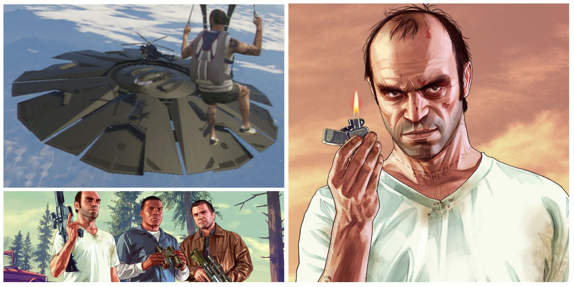 photo collage of franklin, trevor and michael from grand theft auto 5