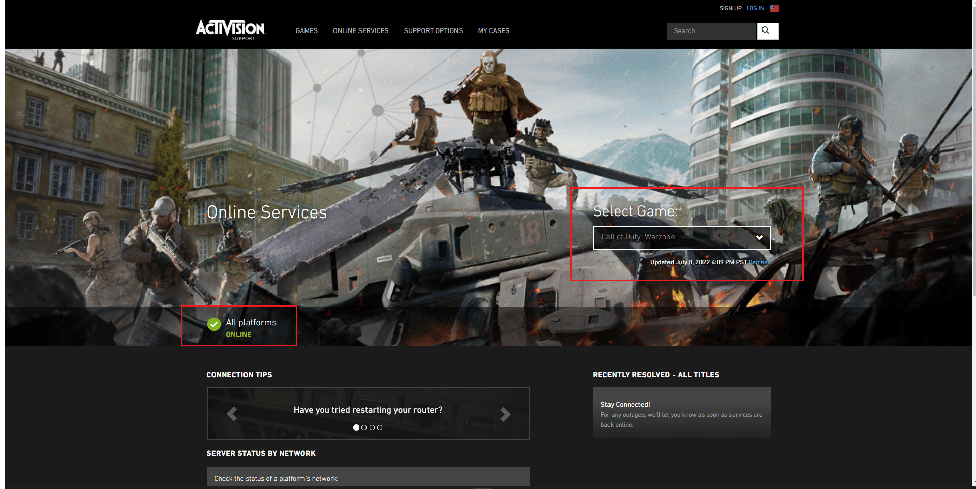 sprawdź stan serwera Call of Duty Warzone na stronie wsparcia usług online