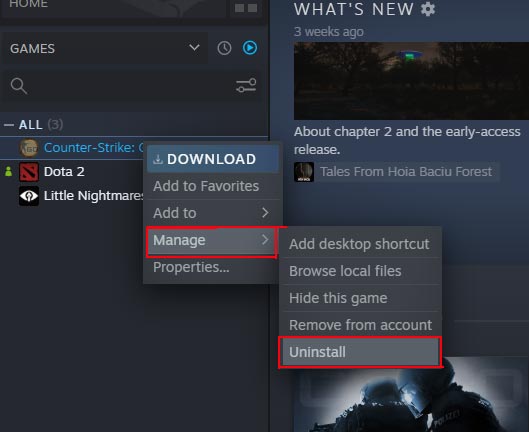 odinstaluj CSGO