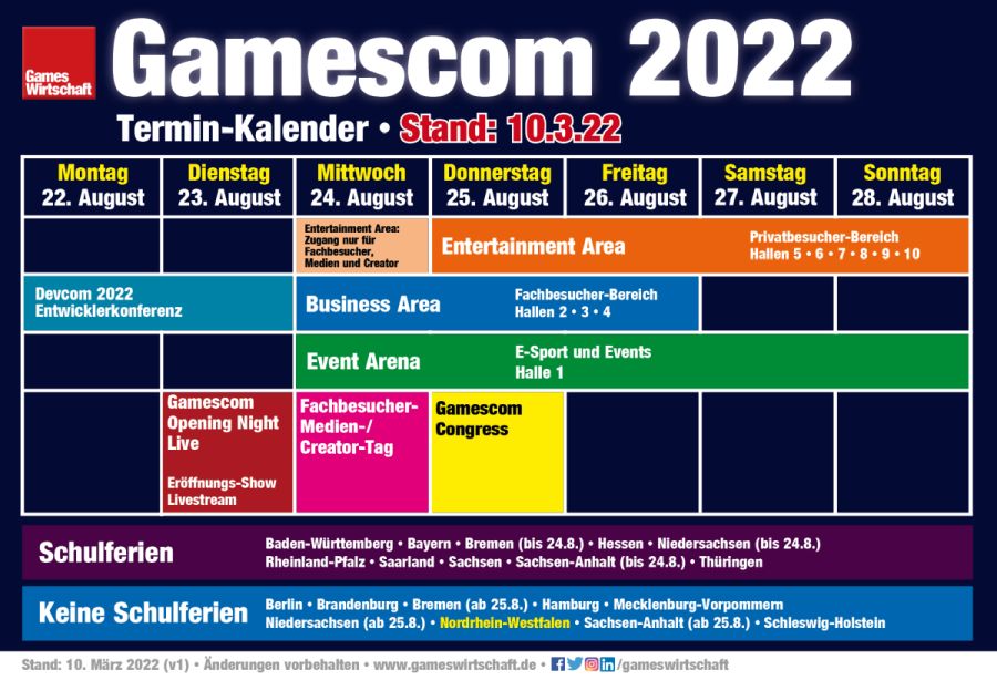 Der vorläufige Terminplan für die Gamescom 2022 (stoisko: 23. marca 2022 - Ęnderungen vorbehalten)