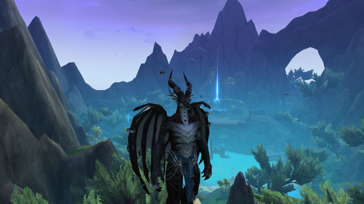 World of Warcraft: Dragonflight - a dracthyr character with a scenic backdrop