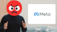 Mark Zuckerberg stojący przed tablicą Meta z wściekłym emoji nałożonym na twarz