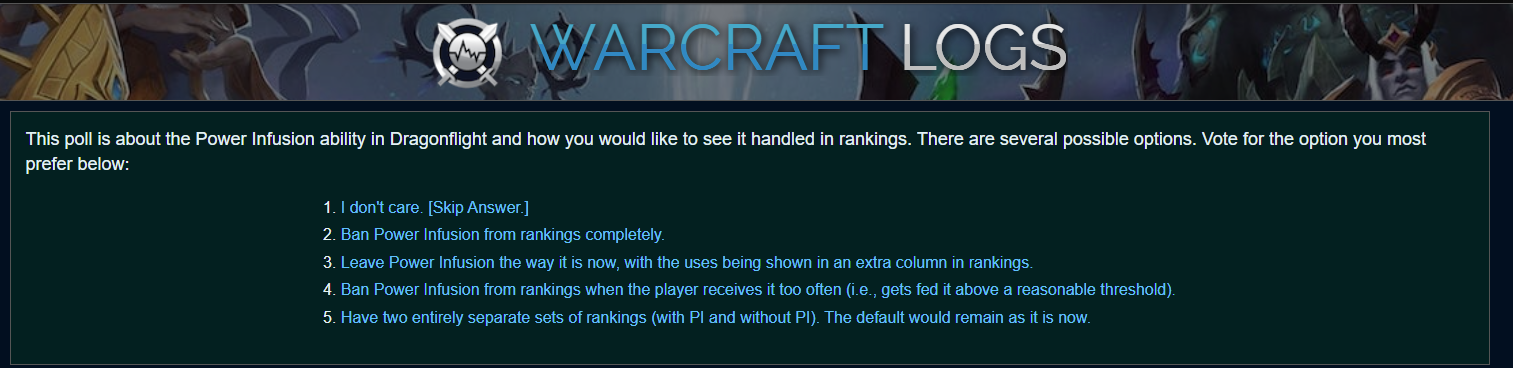 Ankieta Warcraft Logs dotycząca sposobu radzenia sobie z infuzją mocy w rankingach Dragonflight