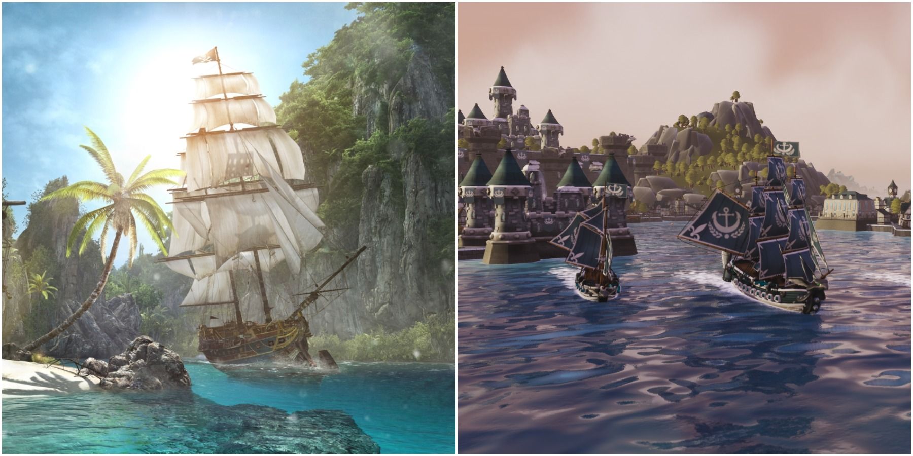 (Left) Ship sailing in Black Flag (Right) Title art with ships fighting in King of Seas