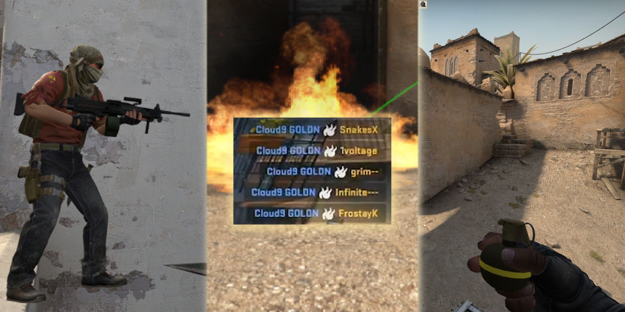 CSGO Player With A Gun, An Ace With A Molotov Grenade, an HE Grenade Lineup