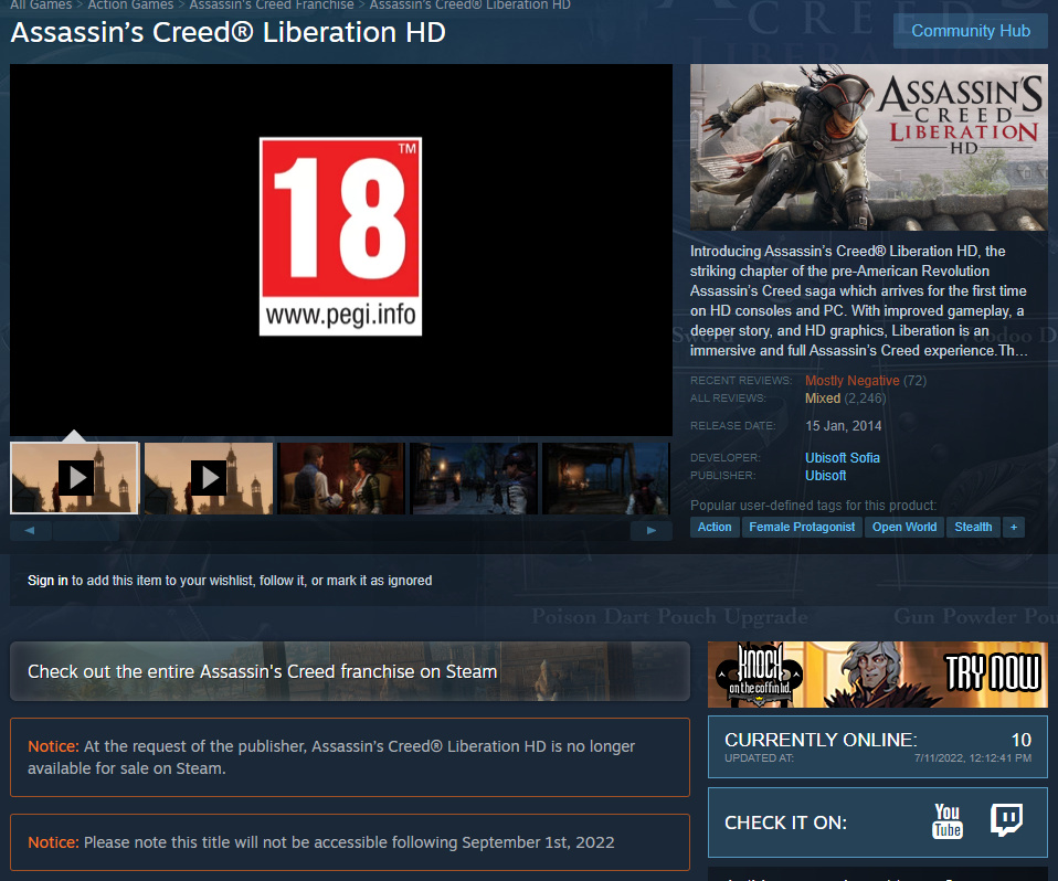 Assassin's Creed Liberation na Steamie wyświetla komunikat o usunięciu