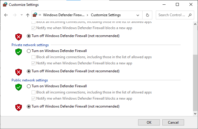 wyłączanie zapory Windows Defender nie jest zalecane