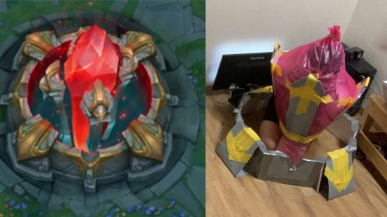 Cosplayer League of Legends przybija stworzenia z Rift: Porównanie przedstawiające mężczyznę z czerwoną torbą na głowie i nexus z League of Legends