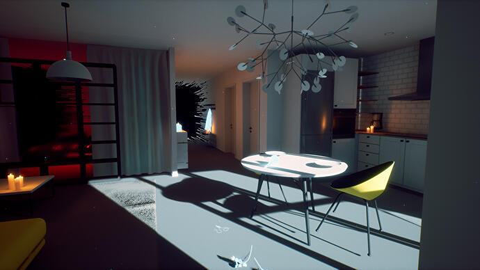 Stylowy apartament z nocnym niebem na zewnątrz rzucającym długi, nastrojowy cień.