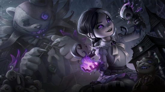 Podgląd skórki League of Legends: Przerażająca noc: młoda dziewczyna ubrana w wiktoriańskie ubranie wbija szpilki w oczy lalki