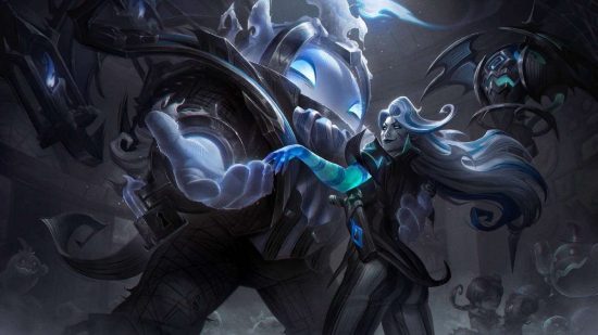 Podgląd skórki League of Legends: Fright Night: ogromny, bulwiasty potwór tańczy z kobietą w prążkowanym garniturze