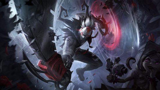 Podgląd skórki League of Legends: Fright Night: maniak nosi maskę hokejową i trzymając piłę łańcuchową rzuca się na ekran