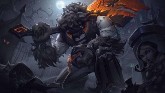Zapowiedź skórki League of Legends: Straszna noc: duże, włochate stworzenie klęka, trzymając w jednej ręce ogromną maczugę