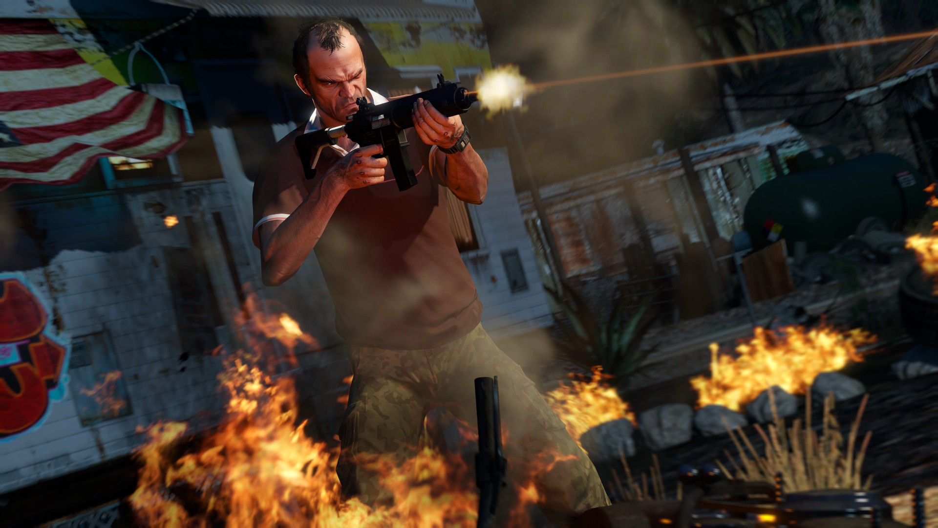 gta-6-czerwony-martwy-odkupienie-2-gta-4-gta-5-trevor GTA 6 powinno być jak GTA 4 i Red Dead Redemption 2, a nie GTA 5: Trevor z GTA 5 stoi w ogniu strzelając z karabinu szturmowego