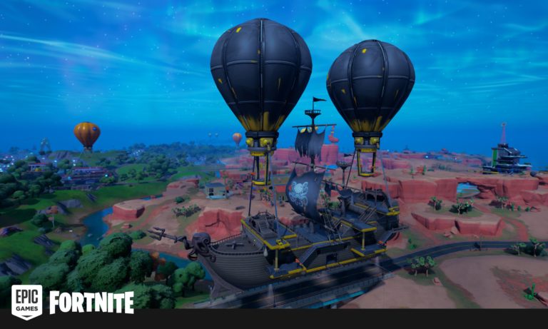 An image from Fortnite showing the ship from Lustrous Lagoon over the desert region