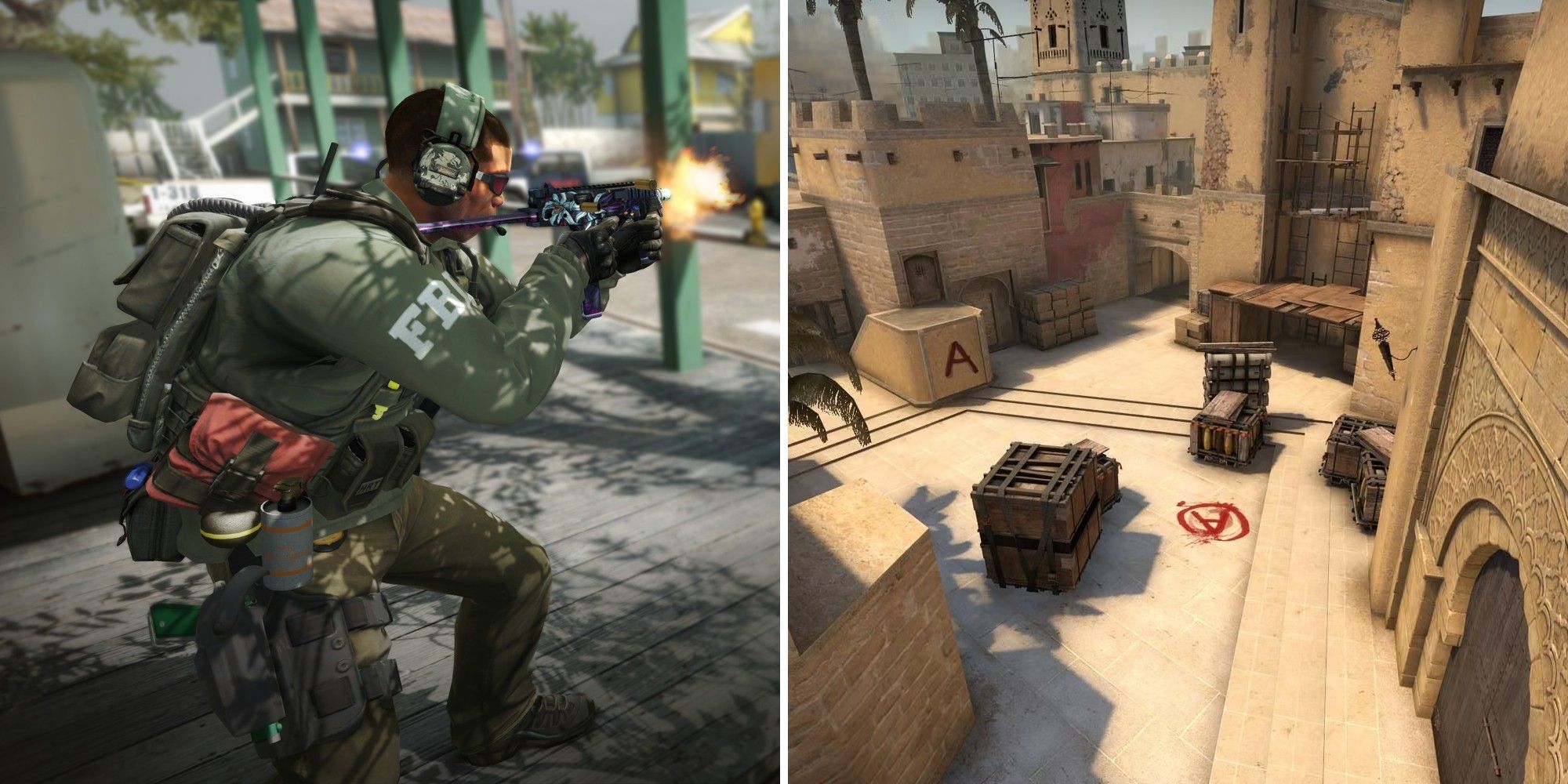 CSGO CT soldier on the left and Mirage A Site on the right.