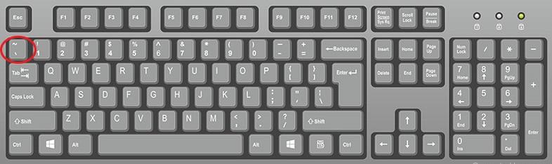 układ klawiatury komputera pokazujący, że należy nacisnąć klawisz tyldy